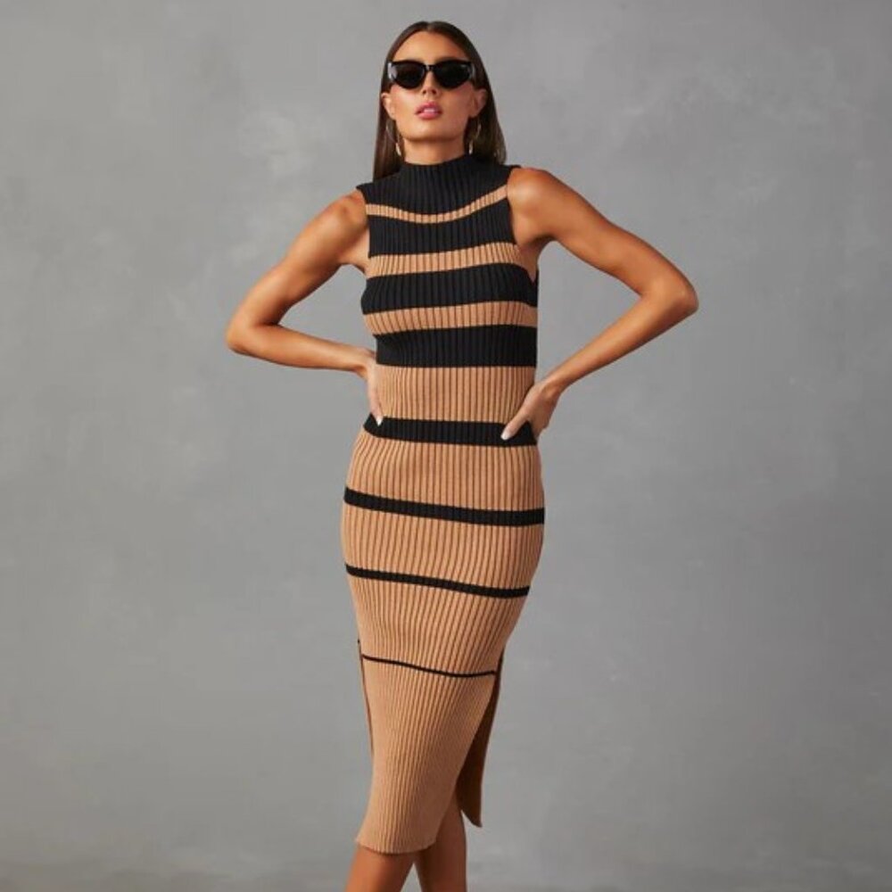 VICI Collection Deidra Sleeveless Striped Sweater Midi Dress | Brown & Black | M